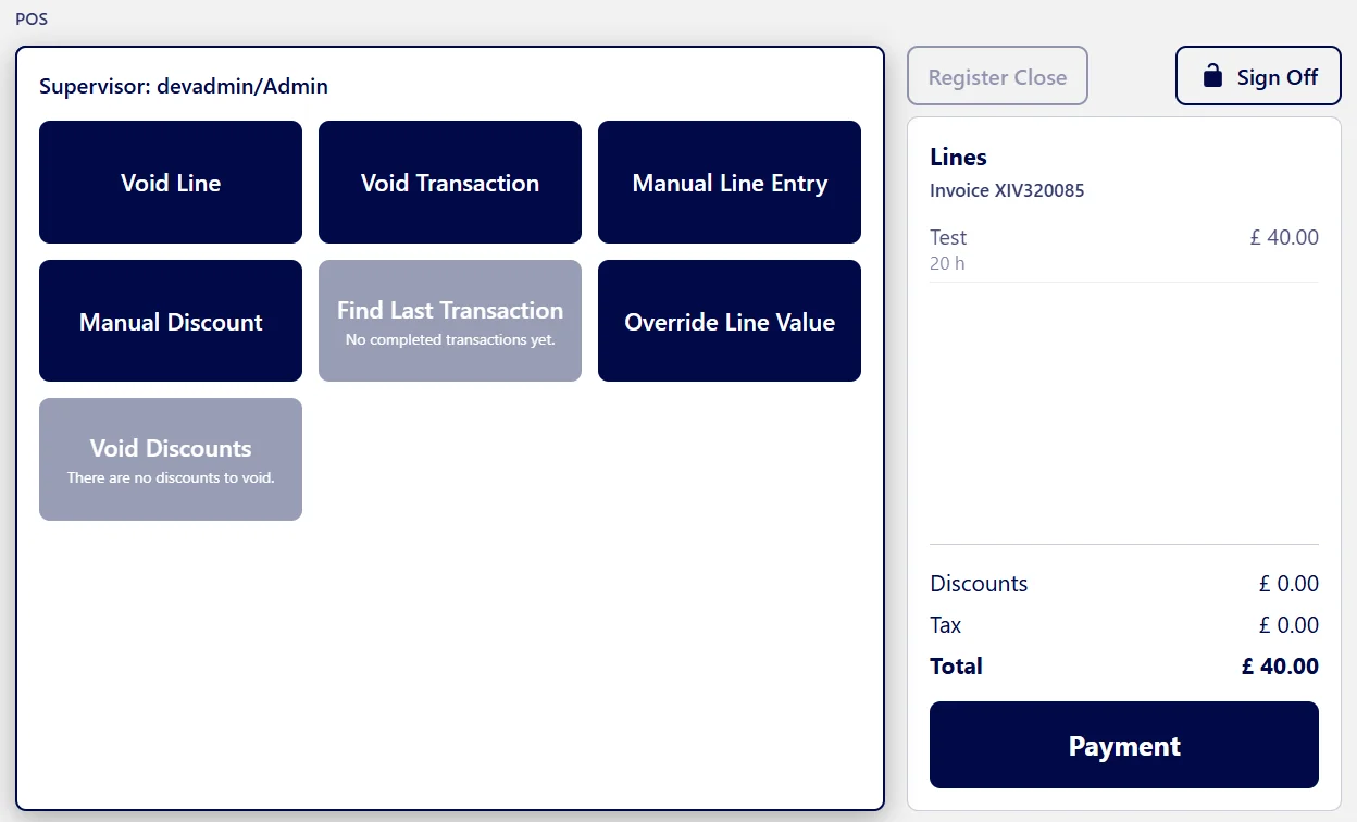 Serlix point of sale screen with supervisor functions and a transaction in progress